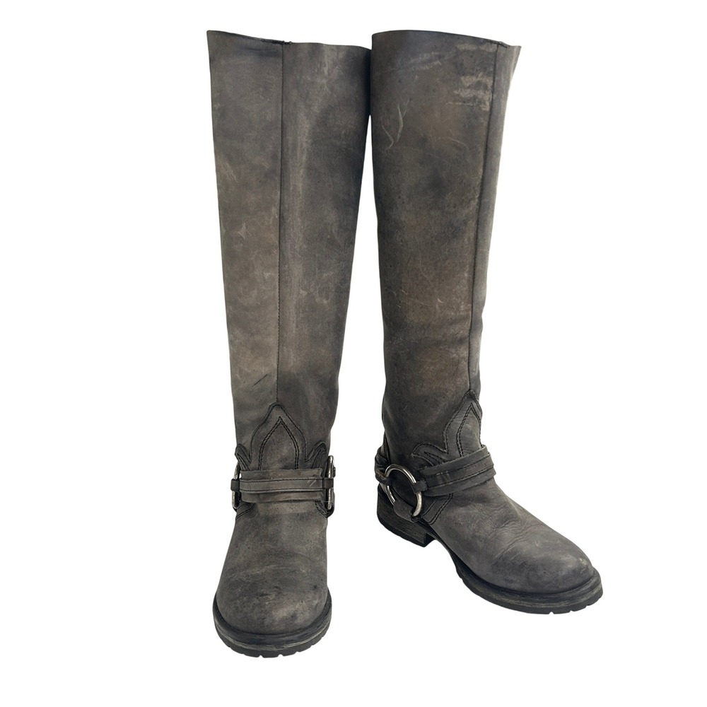 Steve Madden Judgment Tall Harness Riding Boots Brown Leather Womens 6.5 Moto